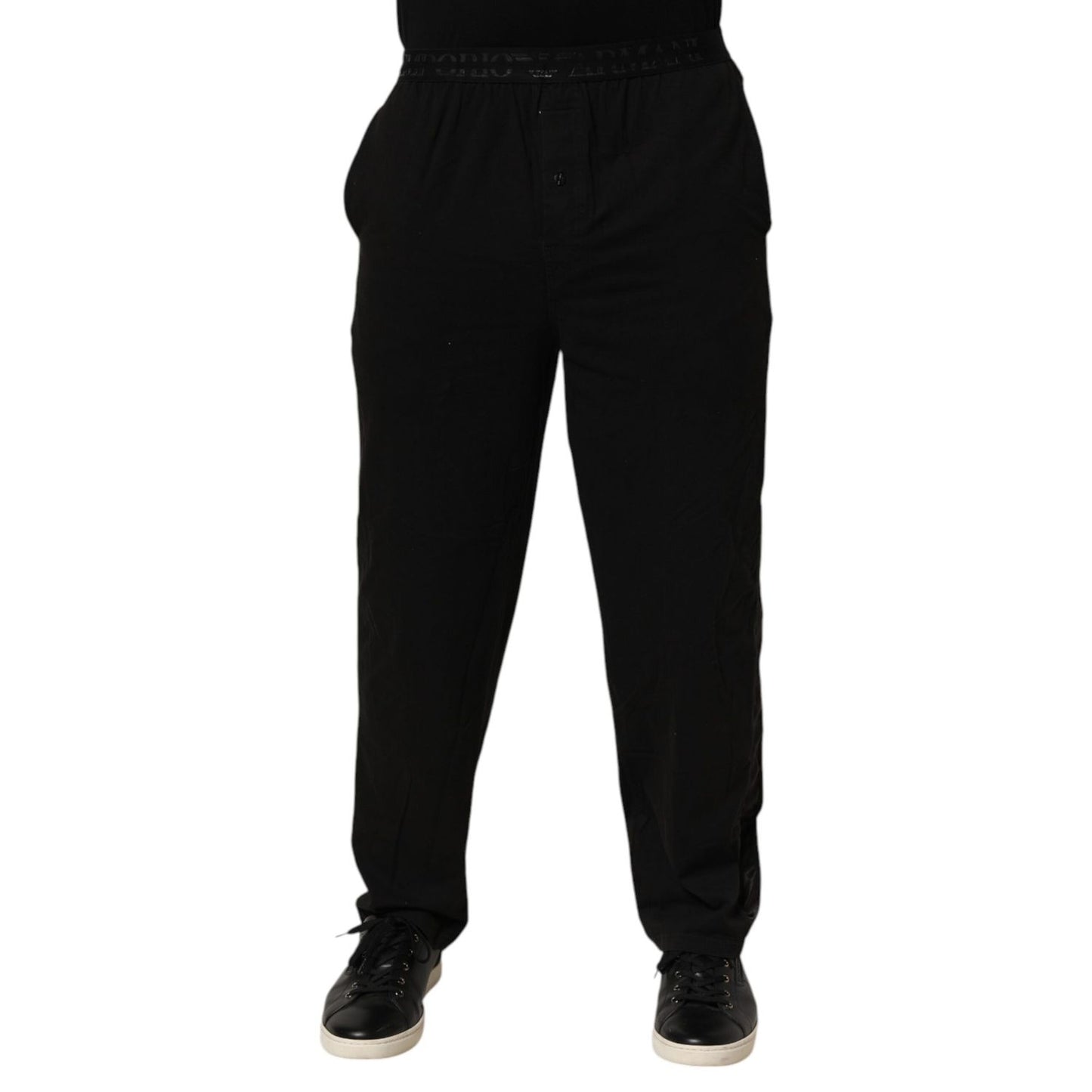 Emporio Armani Black Cotton Blend Logo Waistband Trouser Pants with sleek fit and understated luxury.