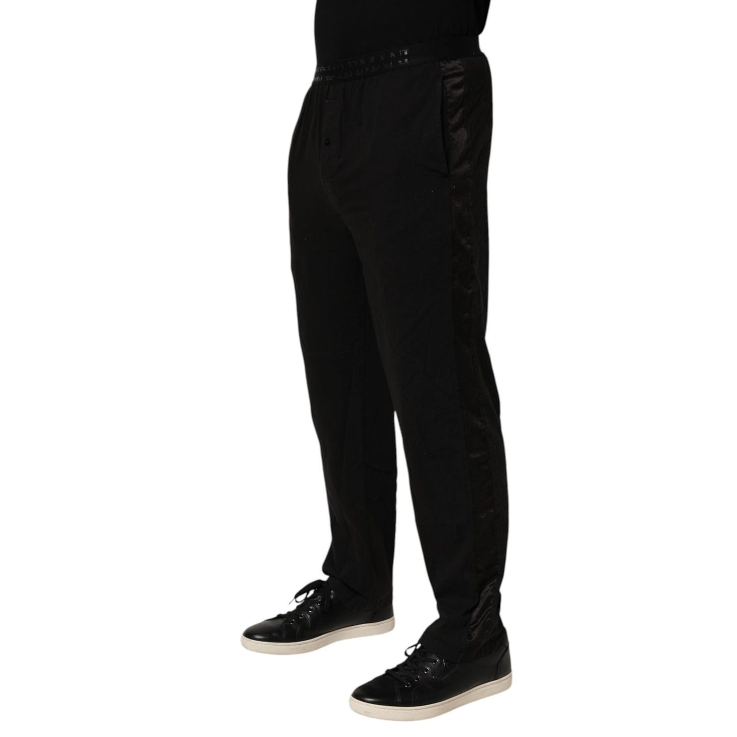 Emporio Armani Black Cotton Blend Logo Waistband Trouser Pants on model showcasing sleek design for casual and elevated wear.