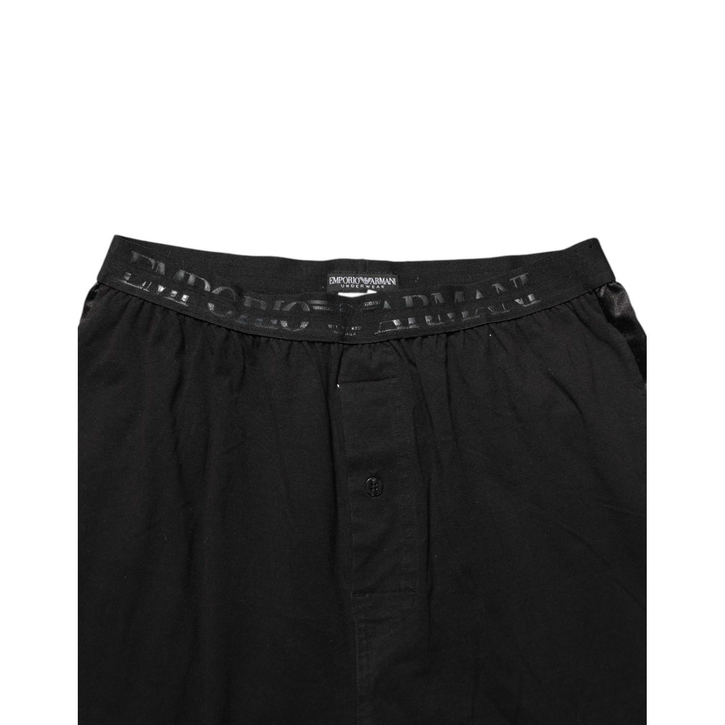 Emporio Armani Black Cotton Blend Logo Waistband Trouser Pants displaying waistband detail and button closure.