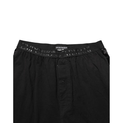 Emporio Armani Black Cotton Blend Logo Waistband Trouser Pants displaying waistband detail and button closure.