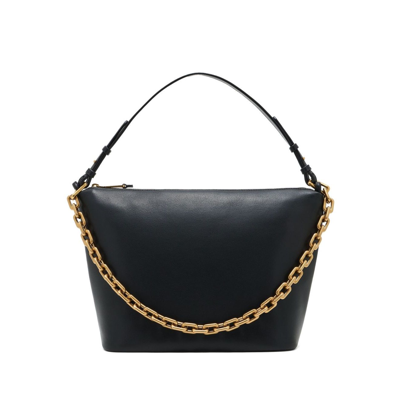 Emporio Armani Medium leather hobo bag with chain, black leather with gold-tone chain and zip fastening, dimensions 25x30x15 cm.