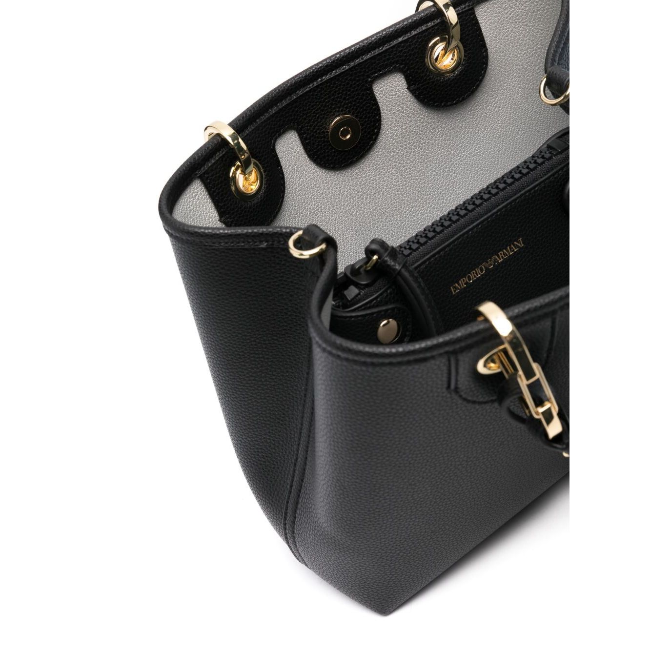 Emporio Armani MyEA small shopping bag in black faux leather with gold-tone hardware and interior view showing magnetic fastening.