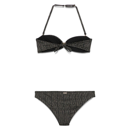 Emporio Armani Sea clothing Black bikini set with tie-fastening straps and removable pads, featuring allover logo print with detachable shoulder strap.
