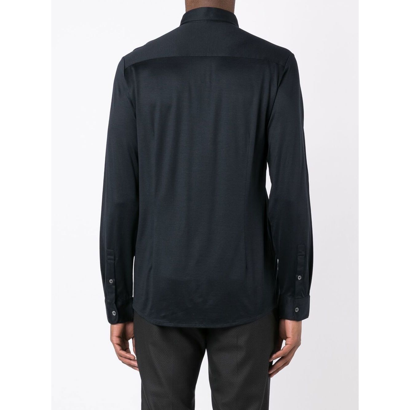 Back view of Emporio Armani Shirts Blue, navy cotton-lyocell blend with long sleeves and buttoned cuffs, straight-point collar.