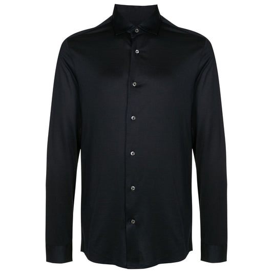 Emporio Armani Shirts Blue in navy cotton-lyocell blend with long sleeves, front button fastening, straight-point collar, buttoned cuffs.