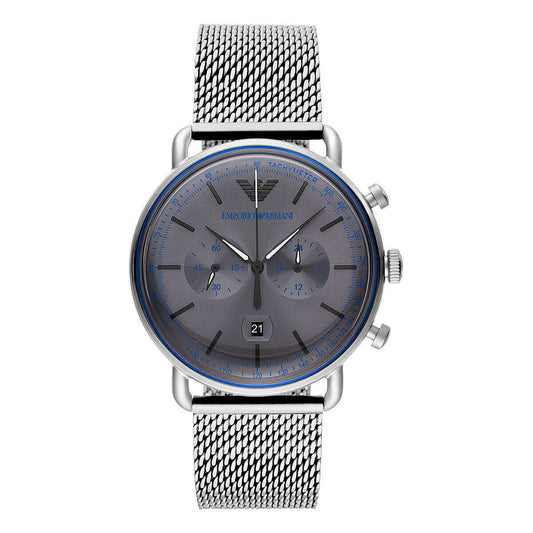 Emporio Armani Sophisticated Silver Steel Chronograph Watch with grey dial and mesh band, modern luxury timepiece.