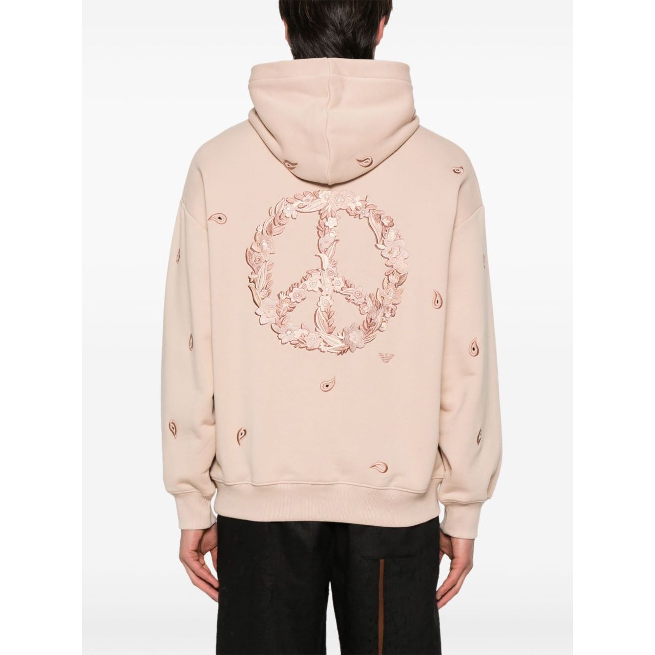 Back view of Emporio Armani Sweaters Powder hoodie in blush pink with peace design, drop shoulder, ribbed cuffs, and organic cotton fabric.