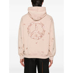 Back view of Emporio Armani Sweaters Powder hoodie in blush pink with peace design, drop shoulder, ribbed cuffs, and organic cotton fabric.