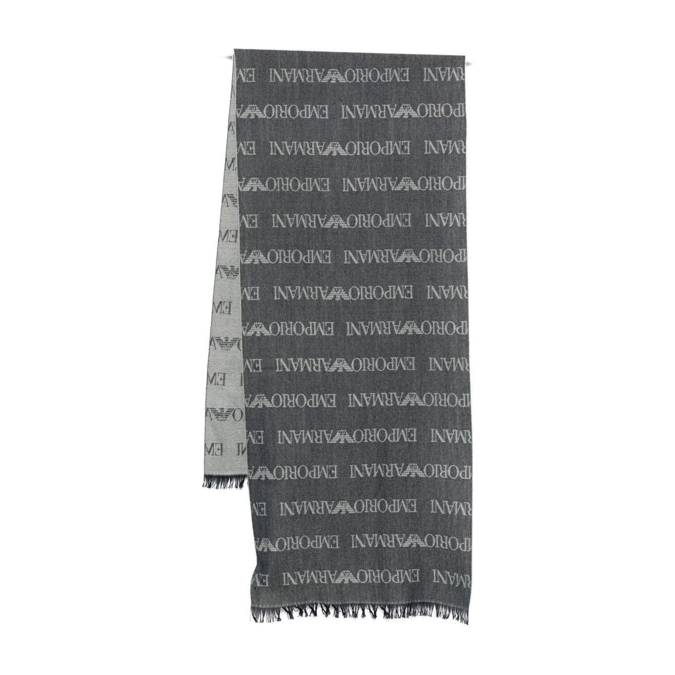 Emporio Armani Wool blend scarf with navy blue logo pattern, fringed edges, rectangular shape, 185cm length, and 44cm width.