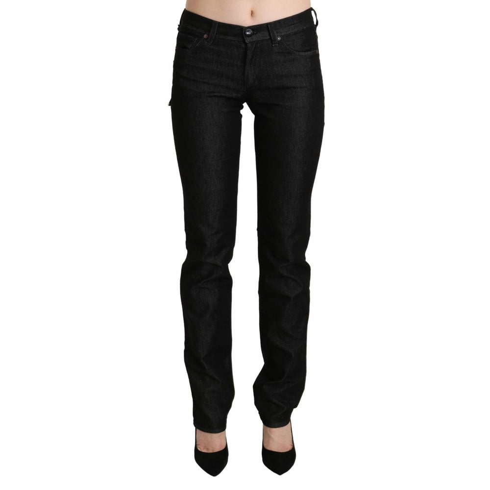 Ermanno Scervino Black Mid Waist Skinny Slim Denim Trouser in black cotton with zipper closure and logo details, made in Italy.