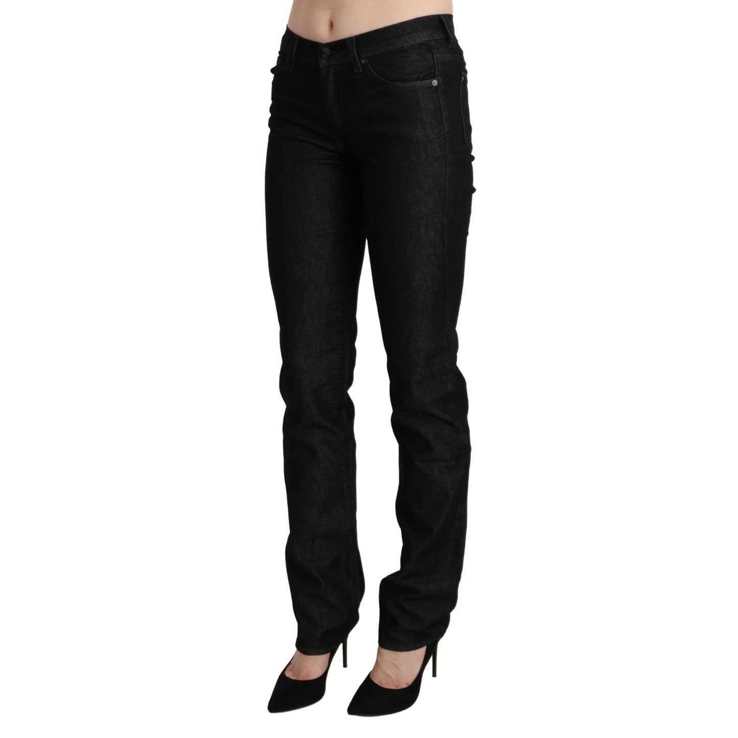 Ermanno Scervino Black Mid Waist Skinny Slim Denim Trouser, 100% authentic Italian jeans with logo, cotton material, and zipper closure.