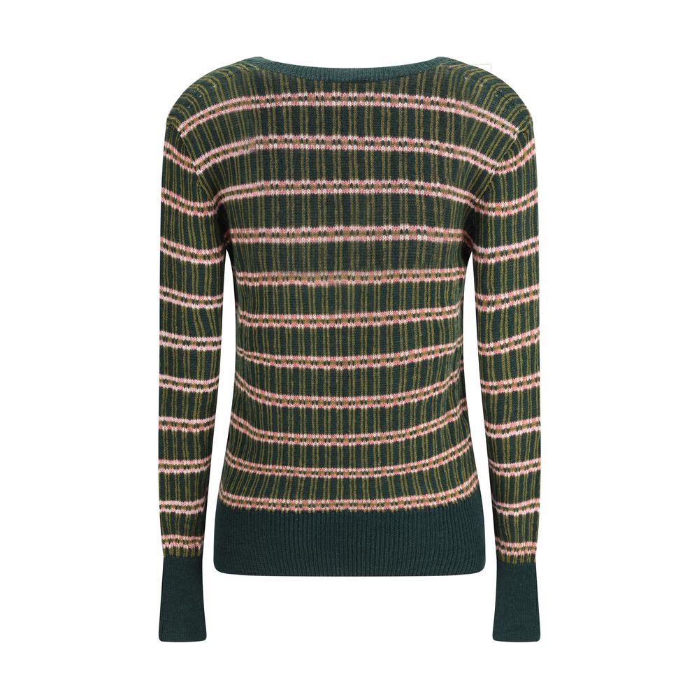 Back view of Etro Green Wool Sweatshirt featuring multicolored horizontal stripes and ribbed trims, showcasing a refined slim fit design.