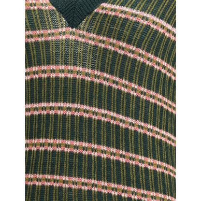 Close-up of Etro Green Wool Sweatshirt with multicolored jacquard and striped design, showing V-neckline and ribbed trim.