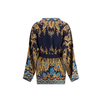 Etro Multicolor Cotton Cardigan with vibrant pattern, patch pockets, and sash belt; part of AW25 collection, made with cotton and viscose blend.