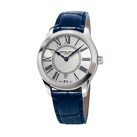 FREDERIQUE CONSTANT Mod. CLASSIC watch with 36mm stainless steel case, blue calfskin strap, quartz movement, sapphire dial.