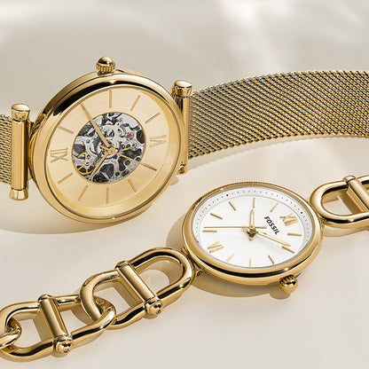 Gold wristwatches featuring FOSSIL Mod. ES5272 with SS IP Gold case and strap, quartz movement, and only time function, for ladies.