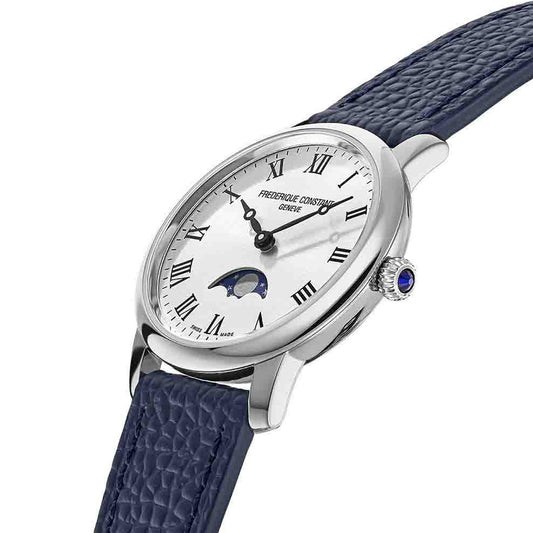 Elegant FREDERIQUE CONSTANT MOD. FC-206RS1S6 watch with blue leather strap and silver case showcasing moon phase feature.