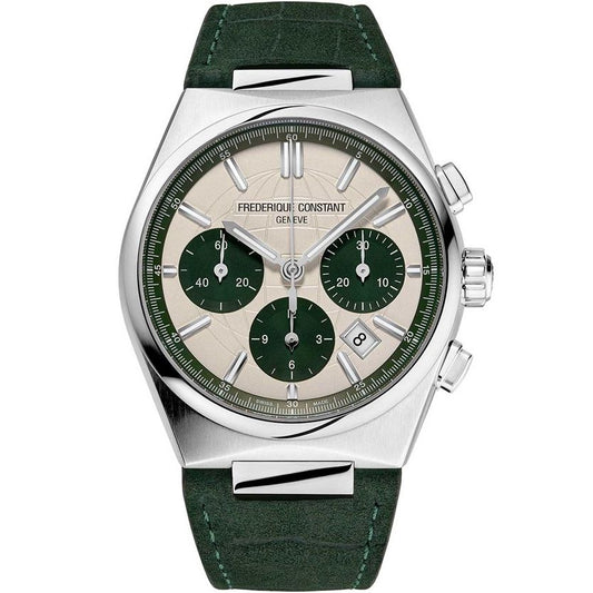 Elegant timepiece Frederique Constant MOD. FC-391SGR4NH6 with green leather strap and chronograph.