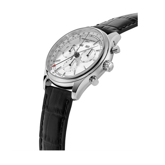 Alt Tag: FREDERIQUE CONSTANT Mod. CLASSICS TRIPLE CALENDAR luxury watch with black leather strap and silver dial.