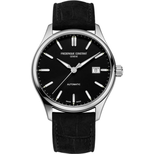 FREDERIQUE CONSTANT Mod. CLASSIC wristwatch, stainless steel case, black leather strap, water-resistant 5 ATM, Swiss made.