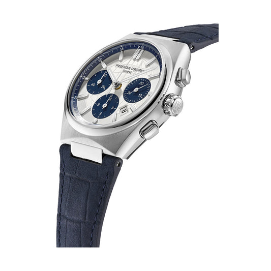 FREDERIQUE CONSTANT Mod. HIGHLIFE CHRONO watch with blue dial and leather strap, showcasing luxury and precision engineering.
