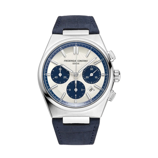 FREDERIQUE CONSTANT Mod. HIGHLIFE CHRONO watch with blue dial and leather strap, luxury timepiece for men.