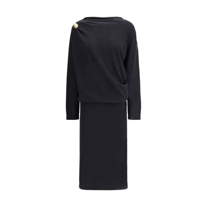 Fabiana Filippi Black Fleece Wool Casual Dress with gold button detail, elegant women's long dress with ribbed cuffs.