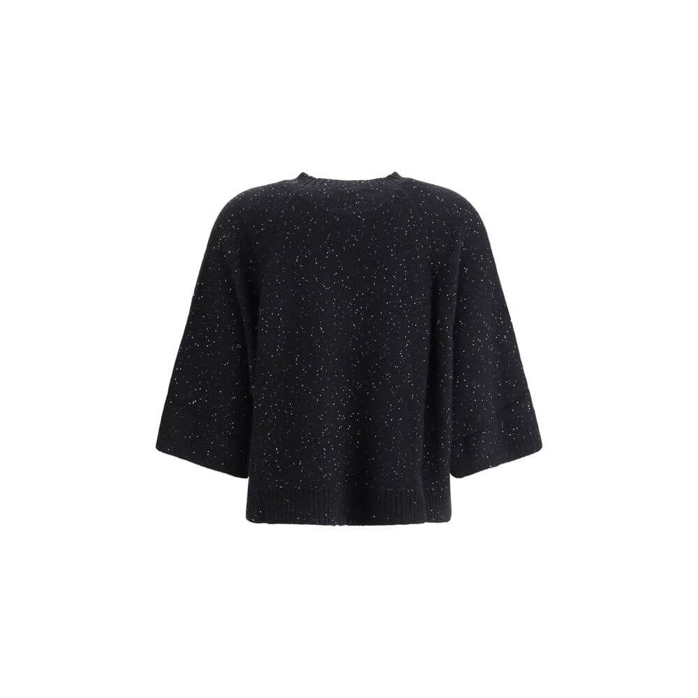 Fabiana Filippi Black Fleece Wool Sweatshirt with sequins, ribbed neck, wide 3/4 sleeves, and ribbed hem, Autumn Winter 25.