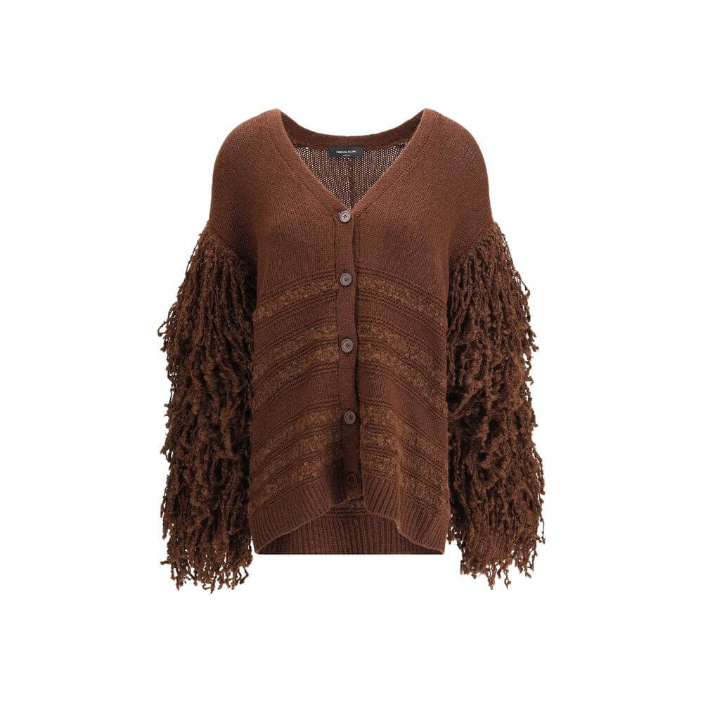 Fabiana Filippi Brown Camel Hair Cardigan with button closure, ribbed hem, and ruffled sleeve details for a modern look.