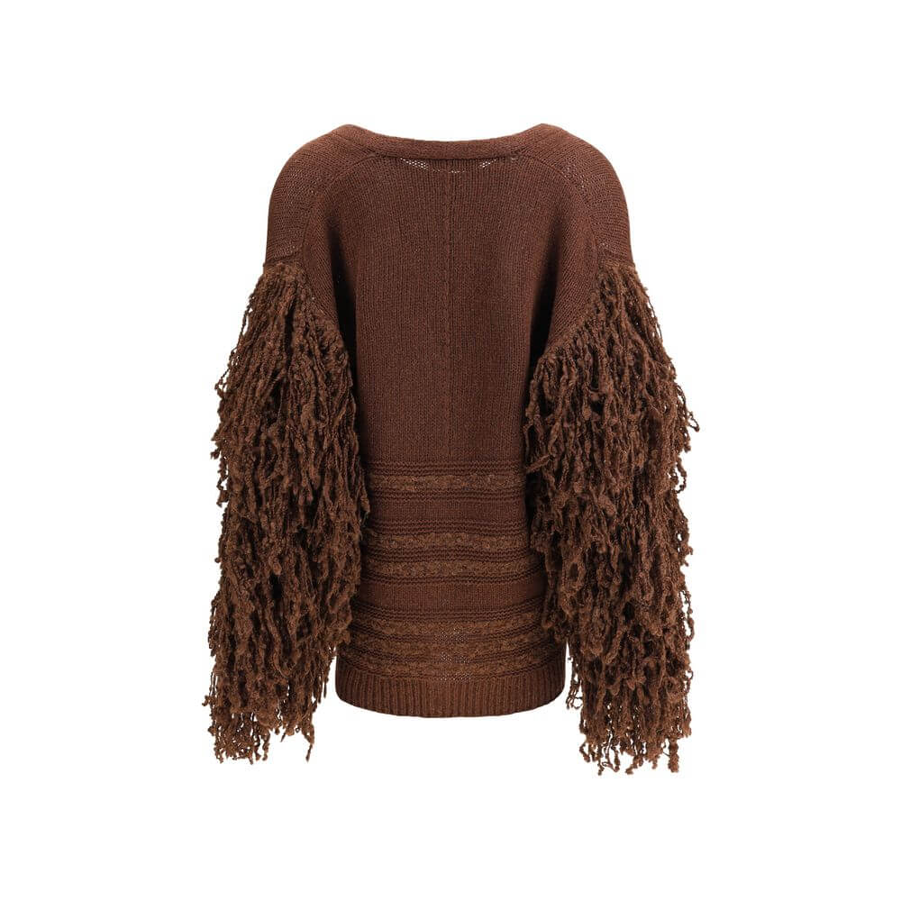 Fabiana Filippi Brown Camel Hair Cardigan with ruffled sleeve details and ribbed hem, perfect for AW25.