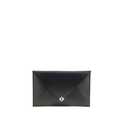 Fendi Black Leather Clutch Bag with squared FF design and practical cuff handle, featuring snap-button closure and card slots.