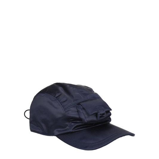 Fendi Blue Polyamide Cap (Baseball Hat) with front and back logo, drawstring closure, street style.