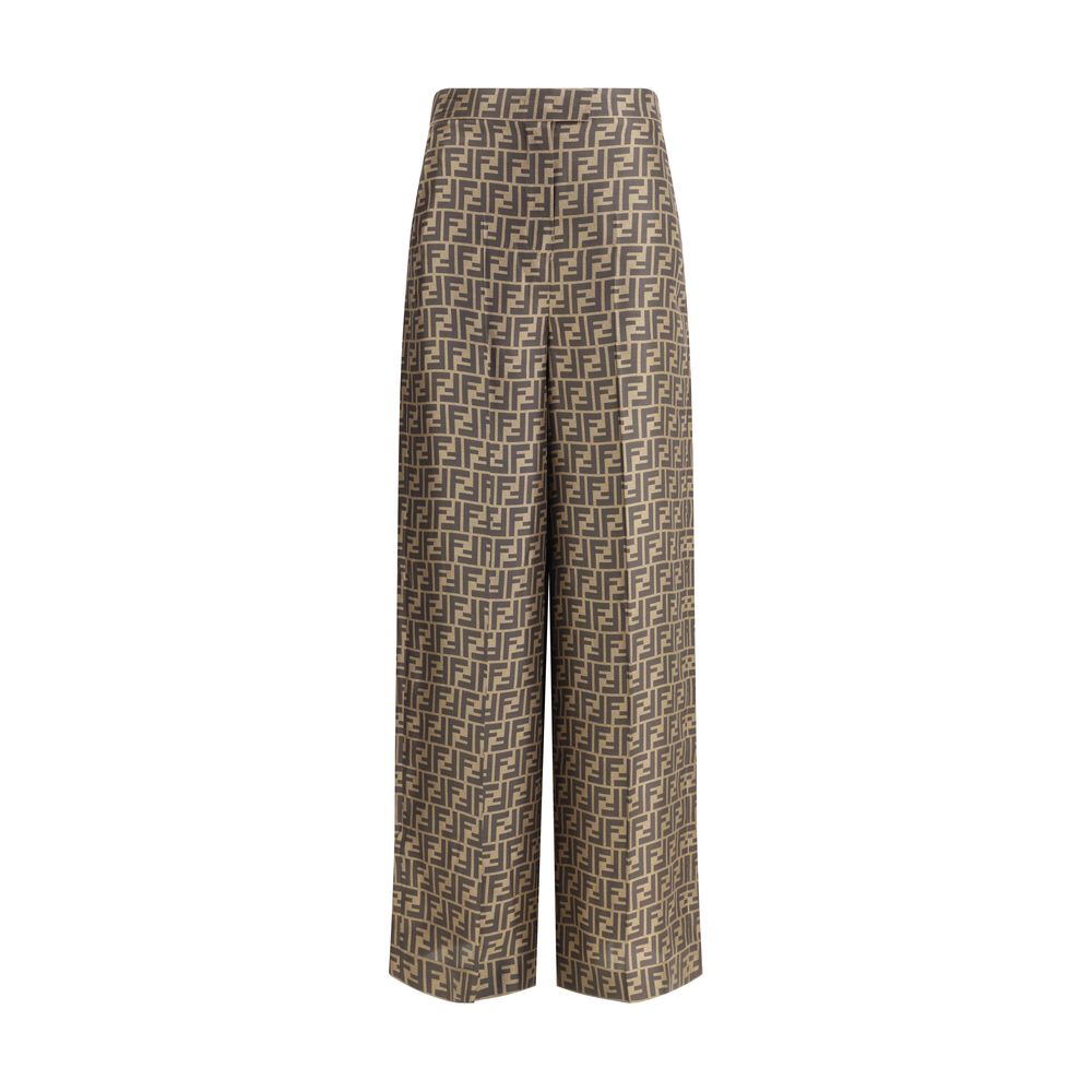Fendi Brown Silk Casual Pants with FF monogram, palazzo cut, and high waist, featuring button and zipper closure.