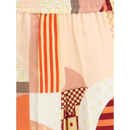 Detail of Fendi Multicolor Silk Casual Pants with patchwork print and elastic waist for elegance and comfort.