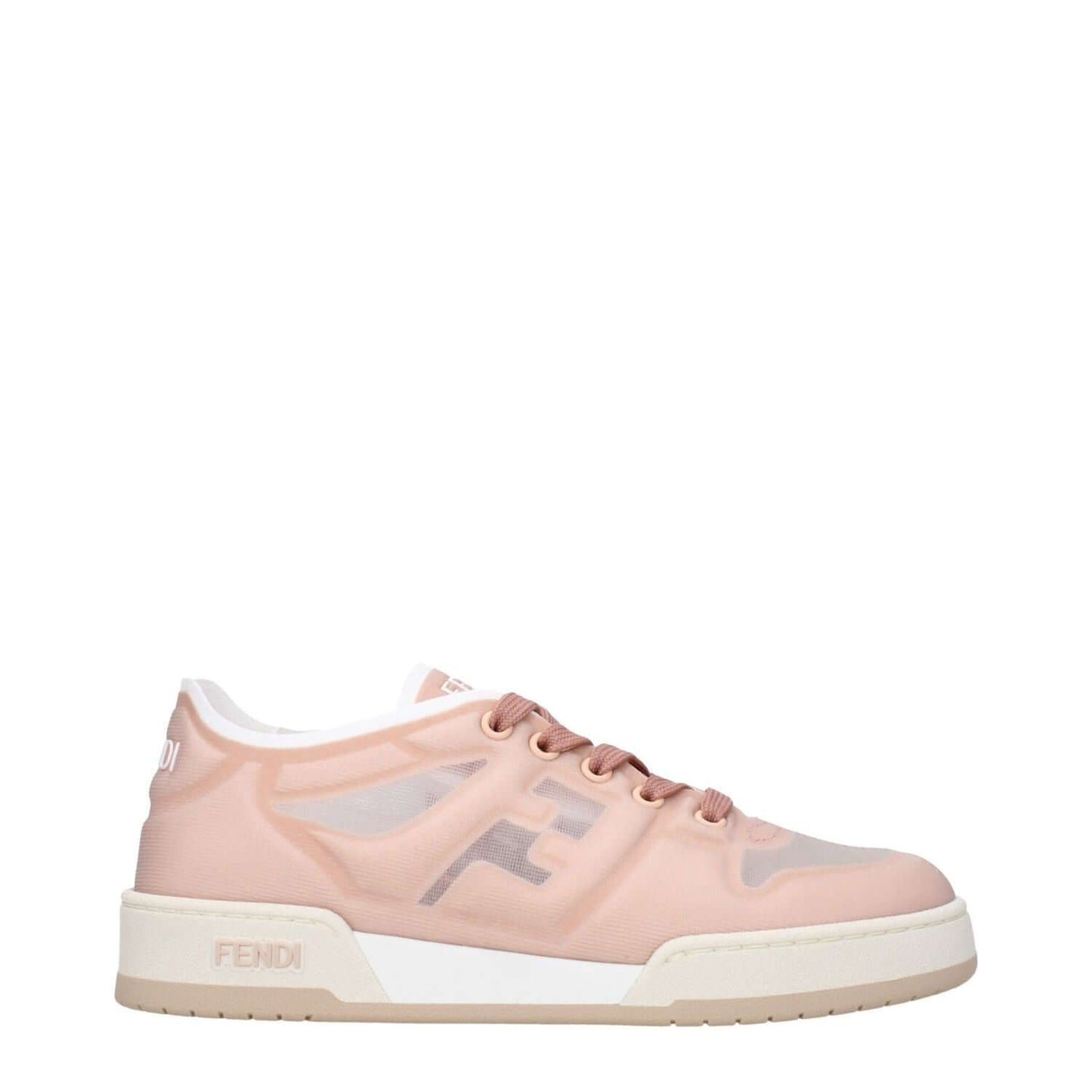 Fendi Pink Fibres Sneakers with front, side, and back logo, featuring lace-up closure, rubber sole, and round toe in blossom pink.