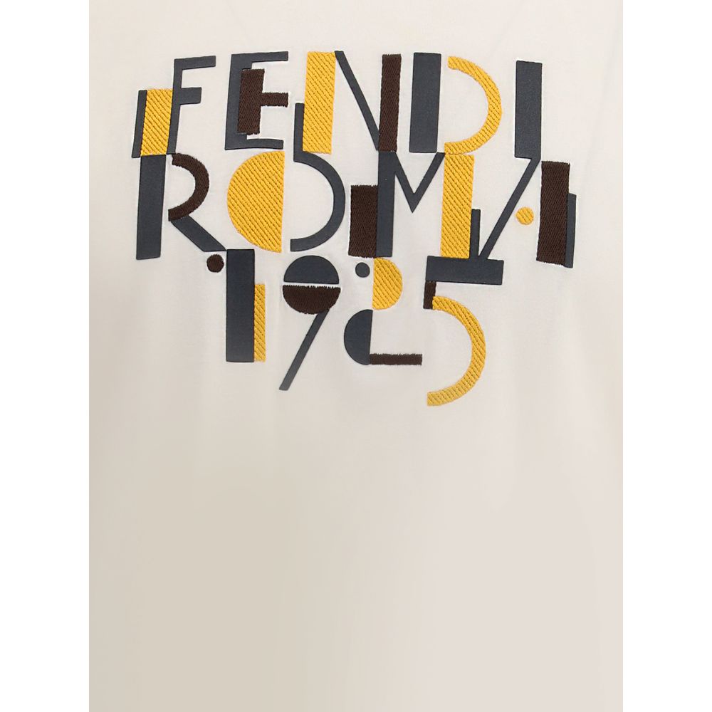 Fendi White Cotton T-Shirt with bold Fendi Roma print, fall winter 2025, ribbed crew neck, 100% cotton, casual stylish design.