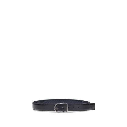 Ferragamo Black Calf Leather Bos Taurus Belt with geometric buckle and reversible design, made from soft calfskin leather.