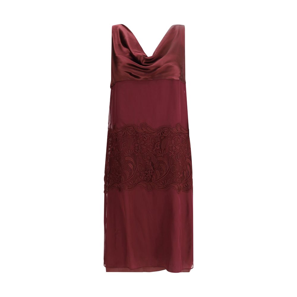 Ferragamo Bordeaux Silk Cocktail Dress with draped neckline and central inlay, featuring silk chiffon and embroidery details.