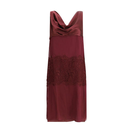 Ferragamo Bordeaux Silk Cocktail Dress with draped neckline and central inlay, featuring silk chiffon and embroidery details.