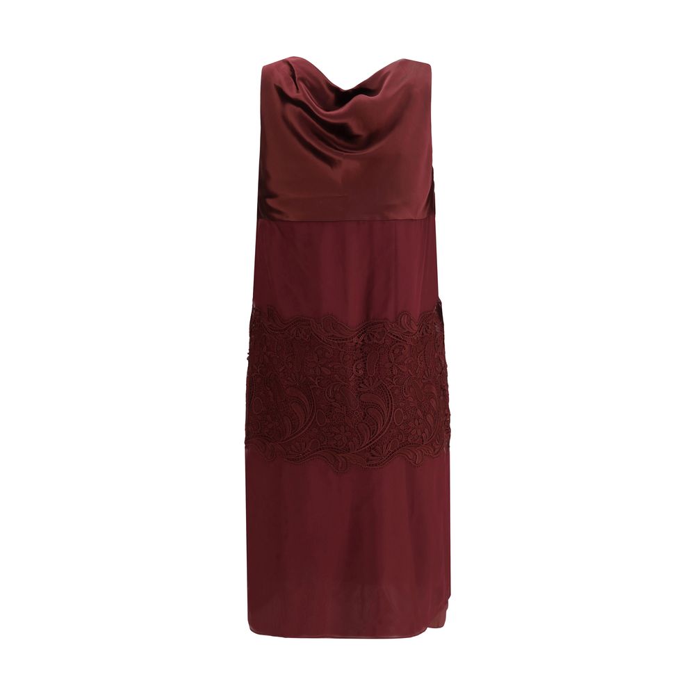 Ferragamo Bordeaux Silk Cocktail Dress with draped neckline and embroidery detail.