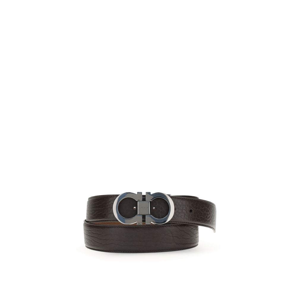 Ferragamo Brown Leather Regular Belt with Gancini buckle, reversible design, and stitched detail for versatile elegance.