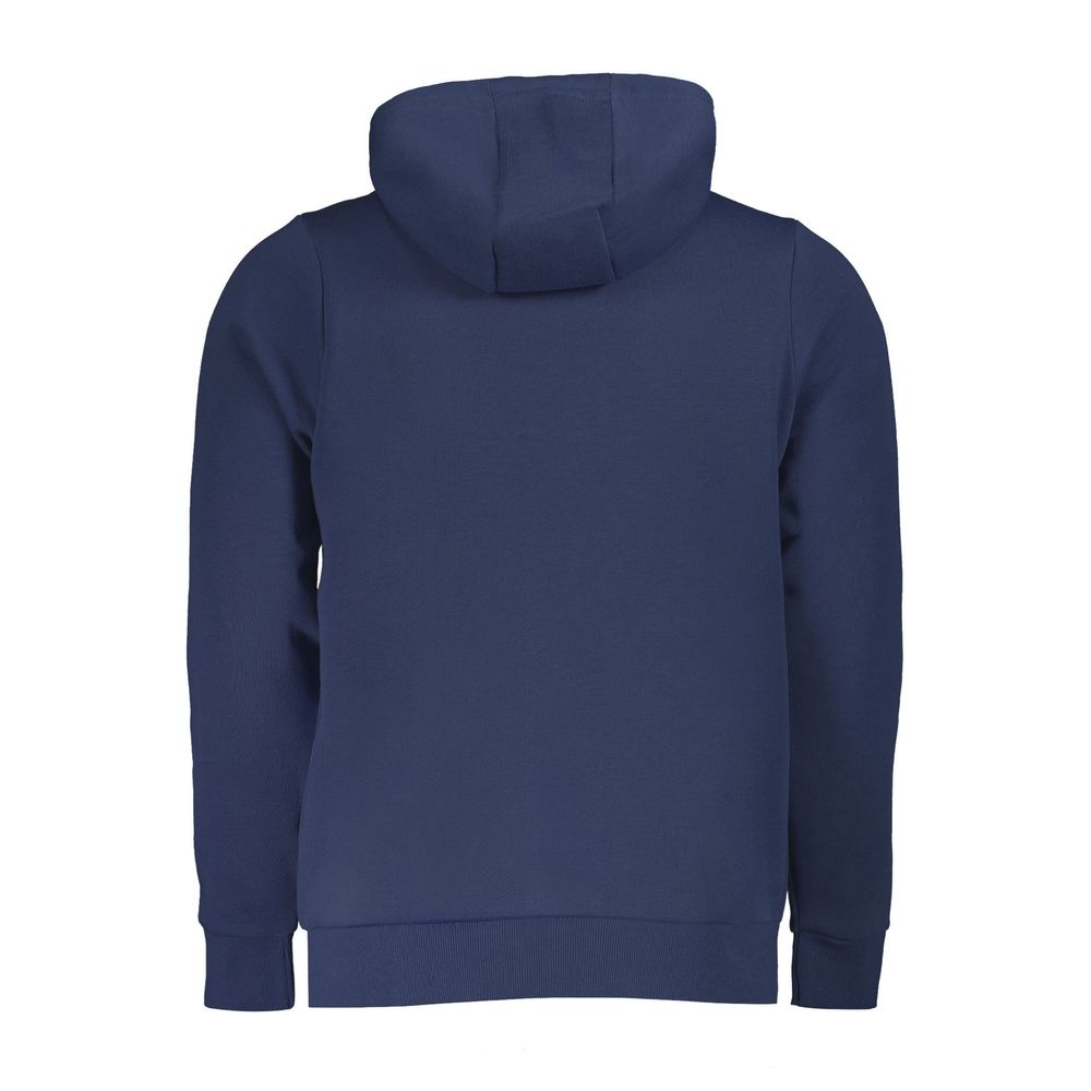 Back view of Fila Blue Polyester Men Sweater with hood showcasing simple design and cozy fit.