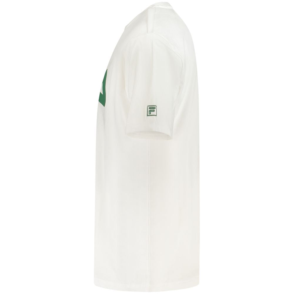 Fila White Cotton Men T-Shirt side view with green logo, soft and breathable fabric for casual wear.