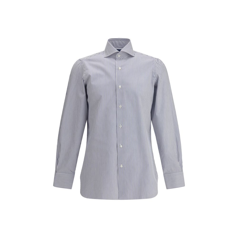 Finamore Blue Cotton Pattern Shirt with classic collar and striped design, perfect for both formal and casual wear, made of 100% cotton.