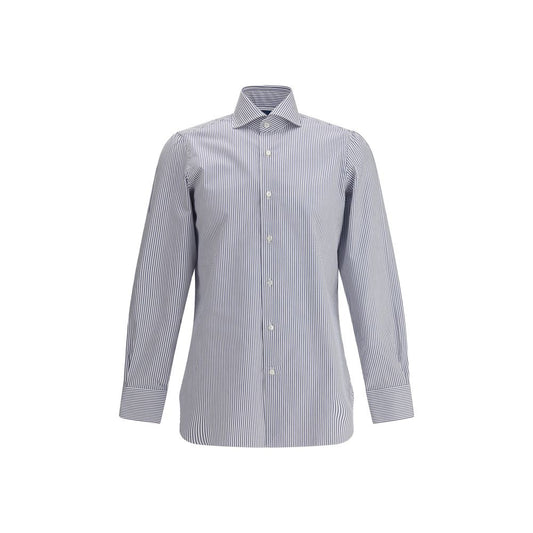 Finamore Blue Cotton Pattern Shirt with classic collar and striped design, perfect for both formal and casual wear, made of 100% cotton.