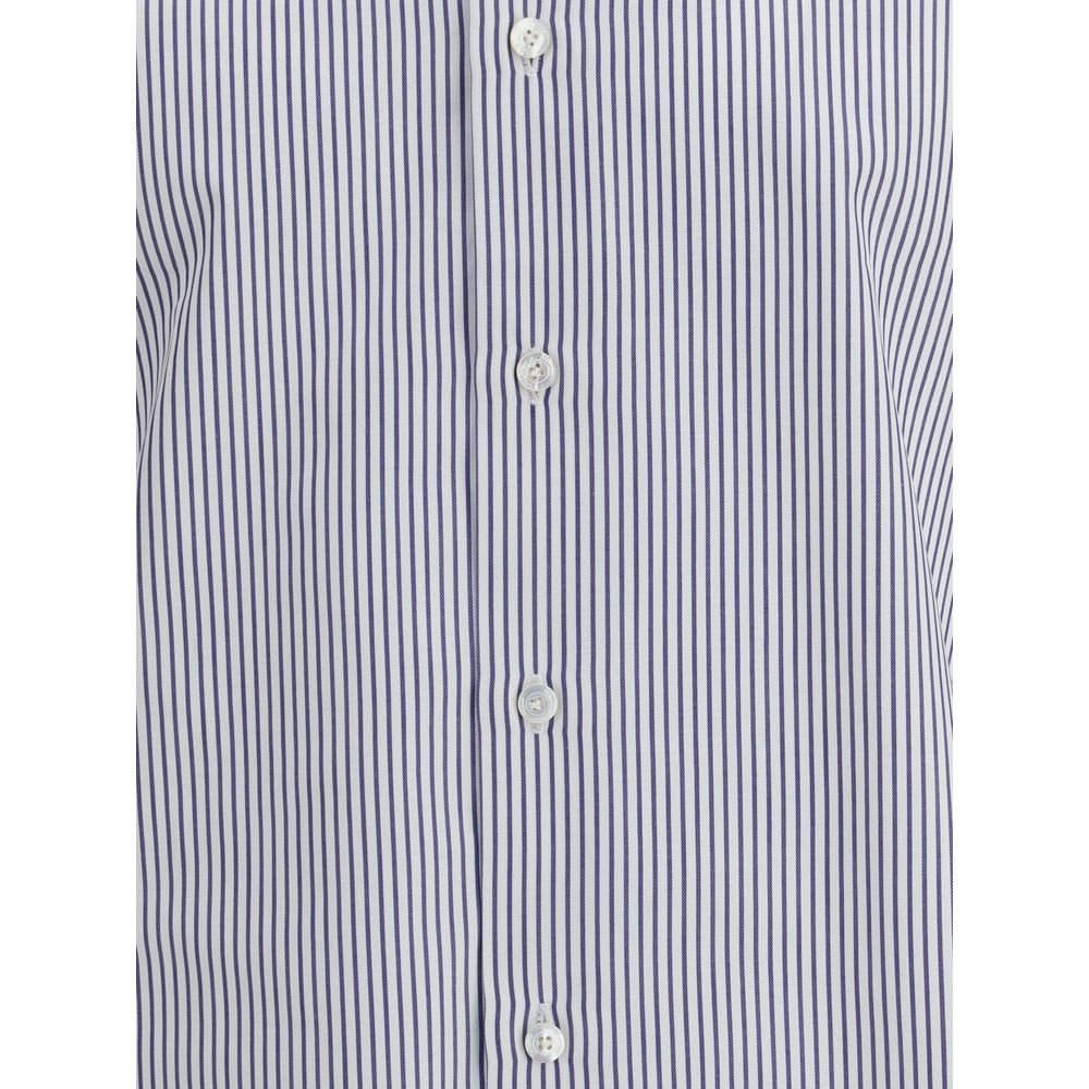 Close-up of the Finamore Blue Cotton Pattern Shirt with striped design, button closure, ideal for formal and casual looks.