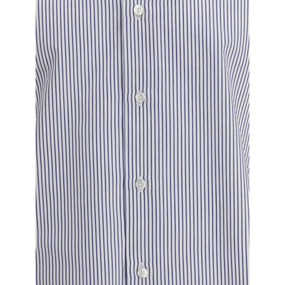 Close-up of the Finamore Blue Cotton Pattern Shirt with striped design, button closure, ideal for formal and casual looks.