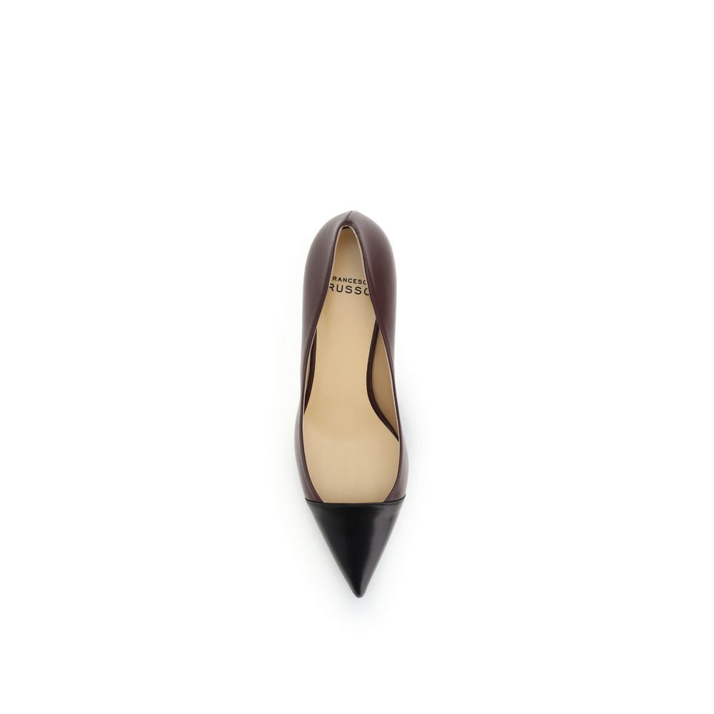 Francesco Russo Multicolor Calf Leather Bos Taurus Mid Heel Pumps with almond toe and logo-embellished insole, top view.