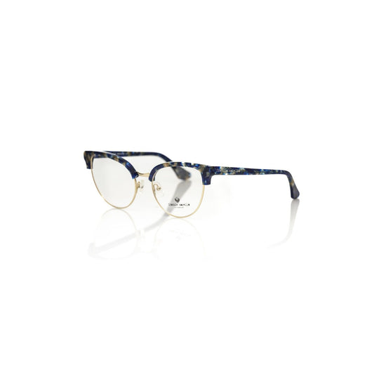 Frankie Morello Blue Metallic Women's Eyeglass Frame with square design and Havana pattern, crafted in Italy.