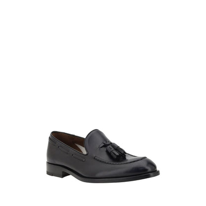 Fratelli Rossetti Black Calf Leather Bos Taurus Slip-On Loafers with tassels, elegant almond toe, and leather block heel for SS25.